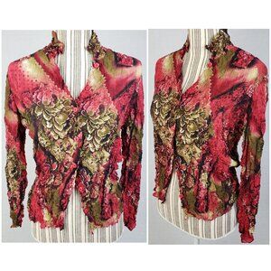 Vintage Simon Chang Blouse Top Crinkle Textured Stretchy Shirt Abstract Y2K sz M